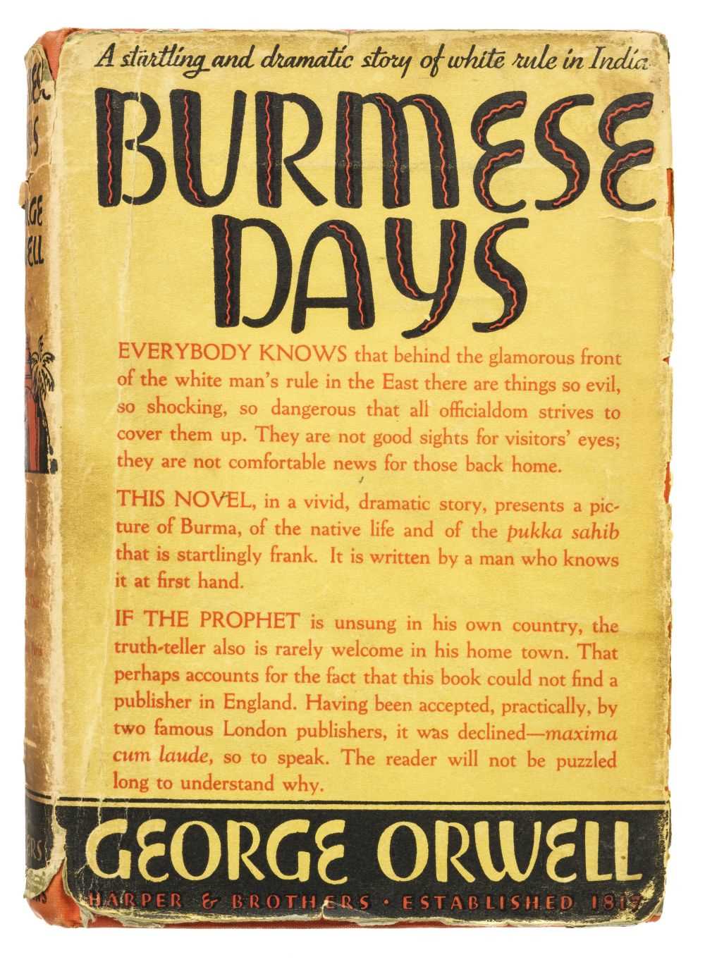 Lot 830 - 1934. Orwell (George). Burmese Days, 1st edition, New York: Harper & Brothers, 1934