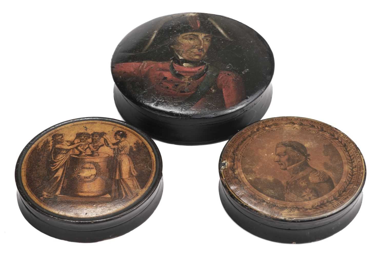 Lot 566 - Duke of Wellington. Three regency lacquered papier maché snuff boxes circa 1820