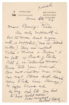 Lot 131 - Kipling (Rudyard, 1865-1936). Autograph Letter Signed, 'Rudyard Kipling', 16 June 1926