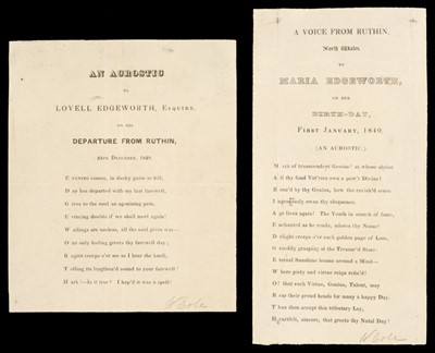 Lot 246 - Edgeworth (Maria). A Voice From Ruthin, North Wales to Maria Edgeworth ... An Acrostic, [1840]