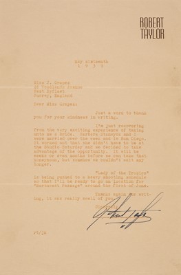 Lot 273 - Taylor (Robert, 1911-1969). Typed Letter Signed, 'Robert Taylor', 16 May 1939