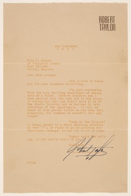 Lot 273 - Taylor (Robert, 1911-1969). Typed Letter Signed, 'Robert Taylor', 16 May 1939