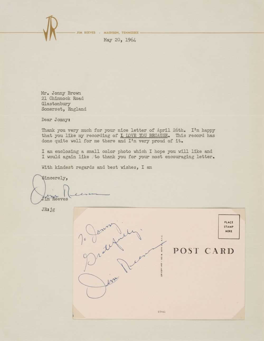 Lot 261 - Reeves (Jim, 1923-1964). Typed Letter Signed, 'Jim Reeves', 20 May 1964