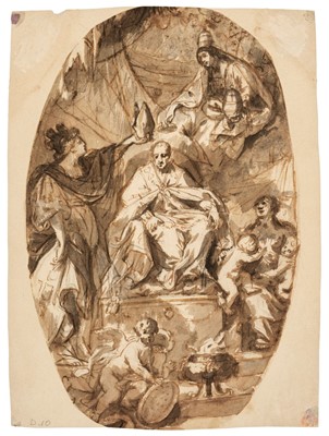 Lot 100 - North Italian School. Allegory of the crowning of a Pope, pen and ink, 18th Century