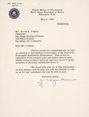 Lot 130 - Hoover (John Edgar, 1895-1972). Typed Letter Signed, 'J. Edgar Hoover', 2 May 1961