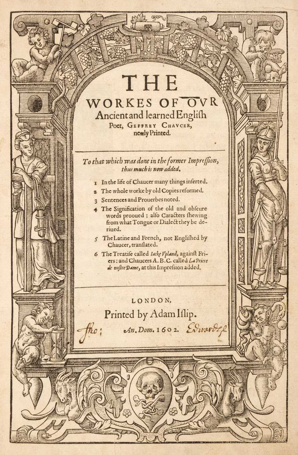 Lot 368 - Chaucer (Geoffrey). The Workes of Our Ancient and learned English Poet, Adam Islip, 1602