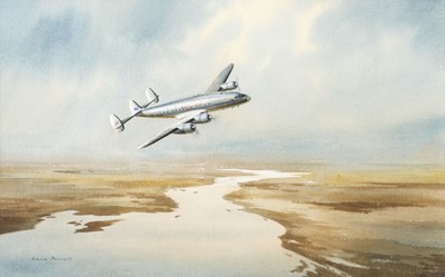 Lot 208 - Pannett (Denis). Flying Kangaroo Qantas Constellation, watercolour on paper