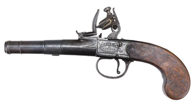 Lot 155 - Pistol. An early 19th century cannon barrel flintlock pistol by R. Daykin, Nottingham