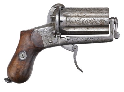 Lot 166 - Revolver. A 19th century Belgian six-shot 7 mm self cocking pepperbox revolver