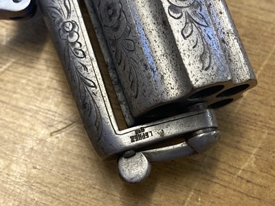 Lot 166 - Revolver. A 19th century Belgian six-shot 7 mm self cocking pepperbox revolver