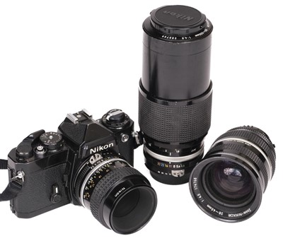 Lot 95 - Nikon FE 35mm SLR film camera with Nikon 55mm f/2.8, 28-45mm f/4.5 and 80-200mm f/4.5 lenses