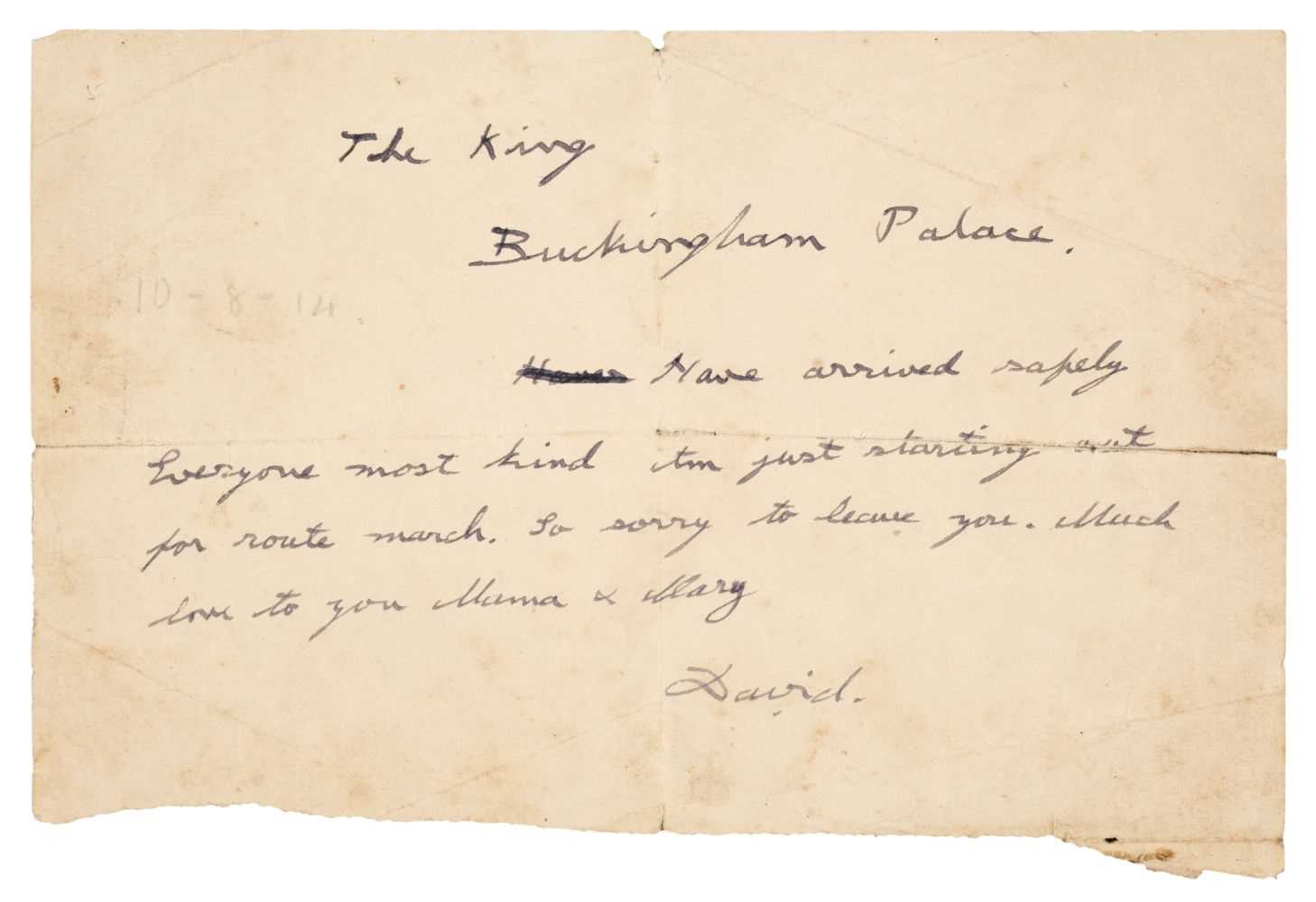 Lot 292 - Edward VIII (1894-1972). Autograph Telegram Signed, 'David' [?10 August 1914]