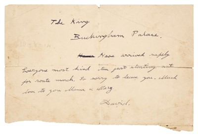 Lot 292 - Edward VIII (1894-1972). Autograph Telegram Signed, 'David' [?10 August 1914]
