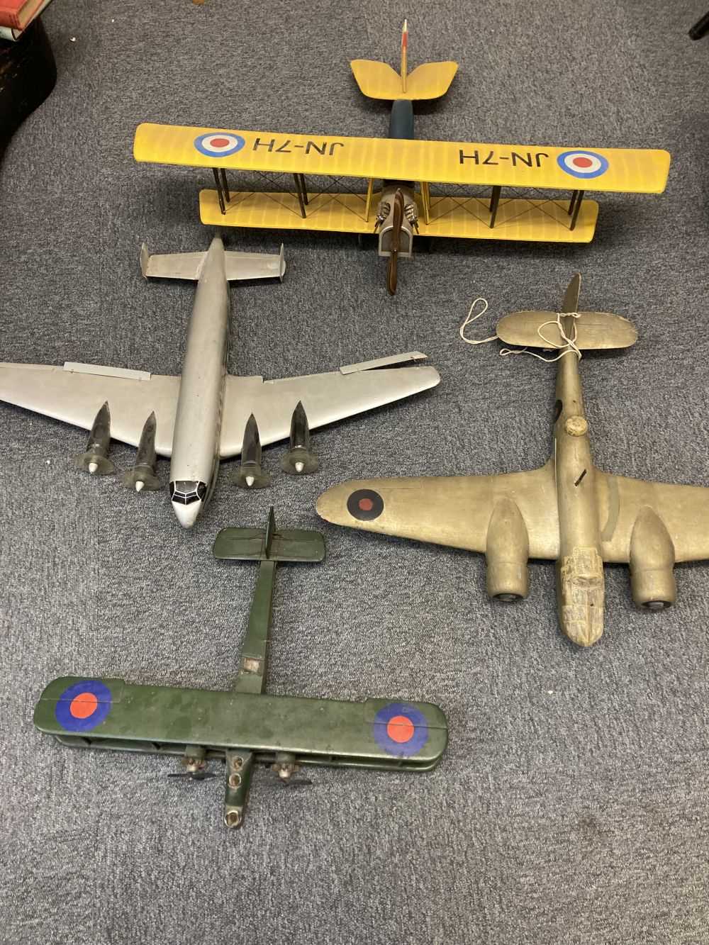 Lot 276 - Aircraft Models. A wooden model of WWI period biplane and other models