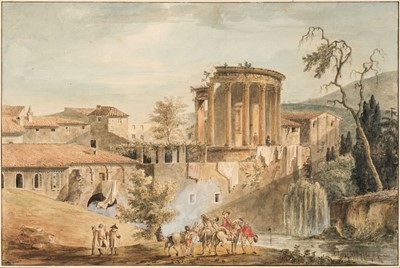 Lot 95 - French School. Soldiers admiring the Temple of Tivoli, late 18th century, watercolour
