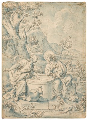Lot 91 - German School. Christ and the Woman of Samaria, 17th century, blue wash, pen and ink