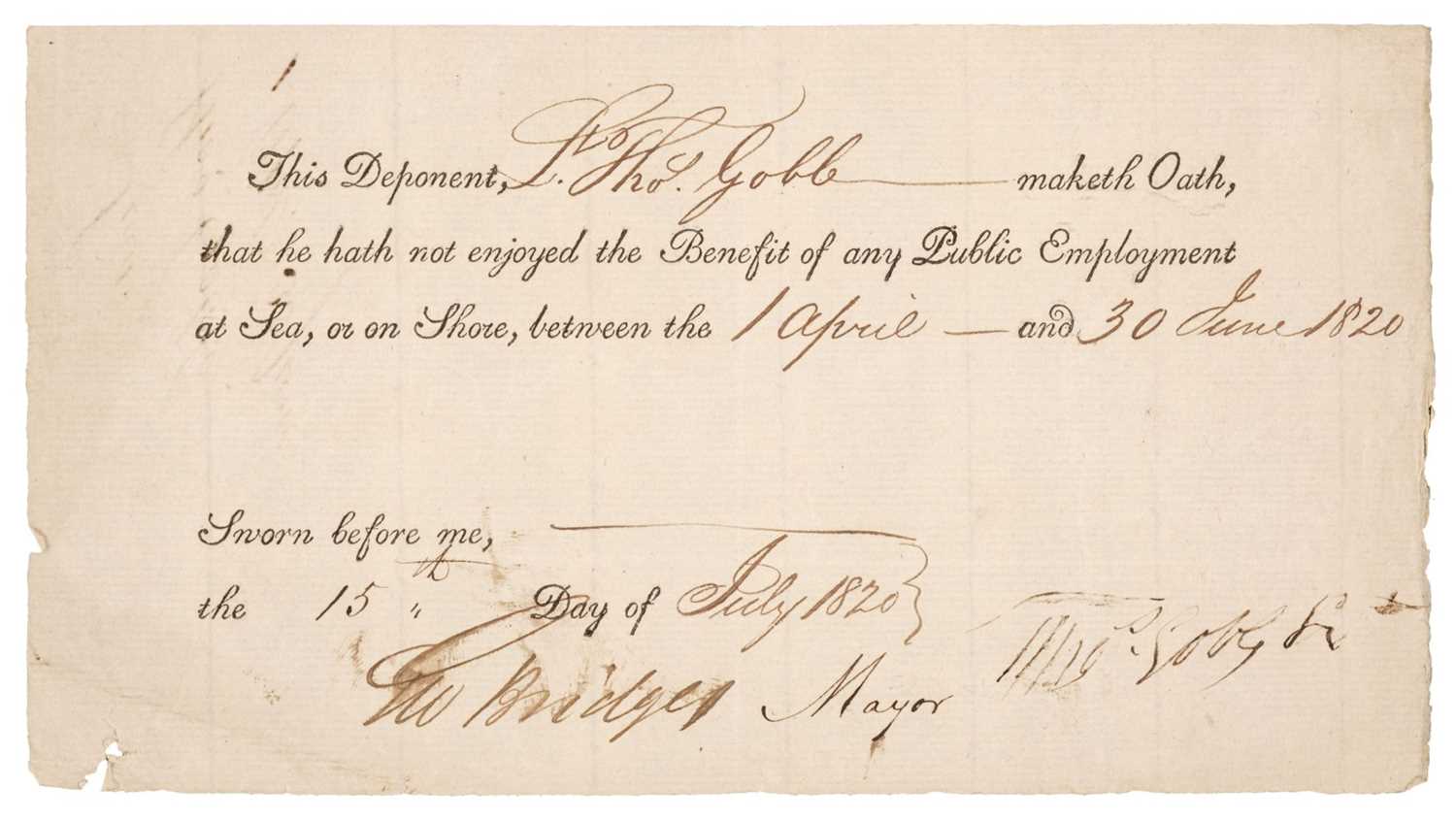 Lot 125 - Goble (Thomas, c. 1780-1869). A rare Document Signed, 'Thos. Goble', 15 July 1820