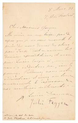 Lot 118 - Feyghine (Julie, c. 1861/1863-1882). Letter Signed, 'Julie Feygin', 8 March 1881