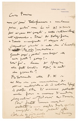 Lot 146 - Puccini (Giacomo, 1858-1924). Autograph Letter Signed, 'G Puccini', Torre del Lago, Toscana, no date