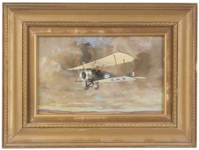 Lot 53 - Royal Flying Corps. A pair of WWI oil paintings, Sopwith Camel & R.E.8.