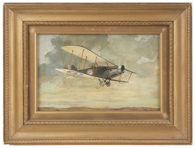 Lot 53 - Royal Flying Corps. A pair of WWI oil paintings, Sopwith Camel & R.E.8.