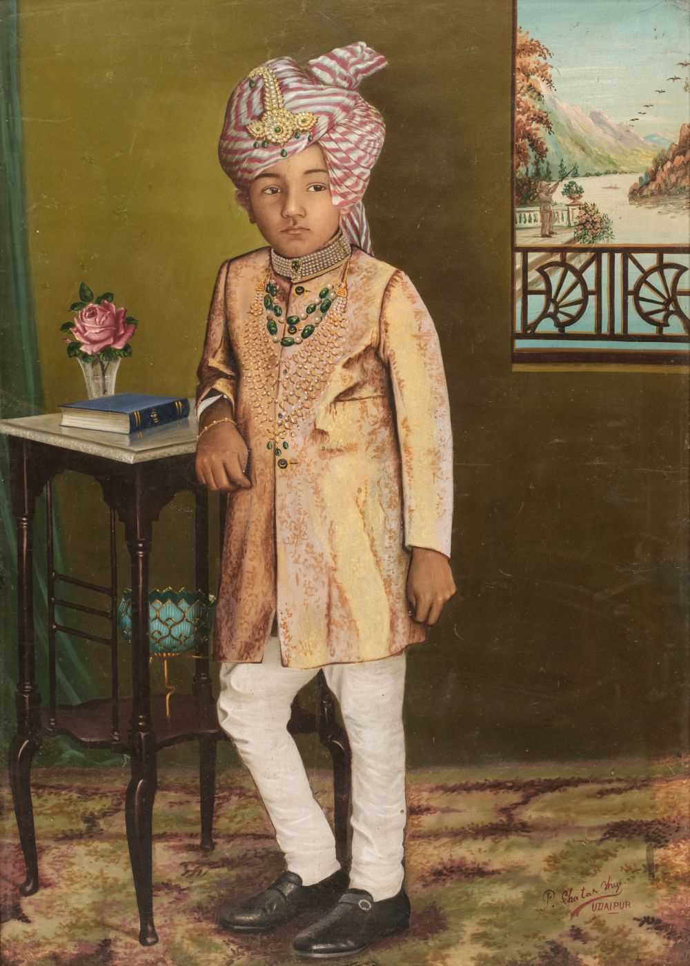 Lot 161 - Bhuj (Chatar, 1895-1975). Portrait of an Udaipur prince, c. 1950, oil and gouache on board