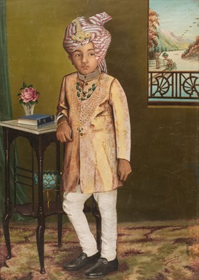 Lot 161 - Bhuj (Chatar, 1895-1975). Portrait of an Udaipur prince, c. 1950, oil and gouache on board