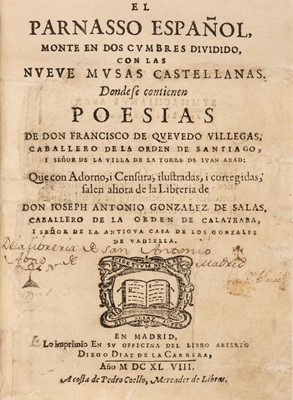 Lot 212 - Quevedo y Villegas (Francisco Gómez de). El Parnasso Español, 1st edition, Madrid, 1648