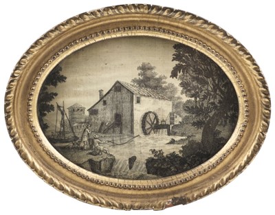 Lot 646 - Embroidered picture. An oval blackwork picture, circa 1780