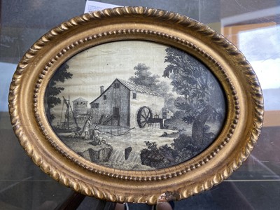Lot 646 - Embroidered picture. An oval blackwork picture, circa 1780