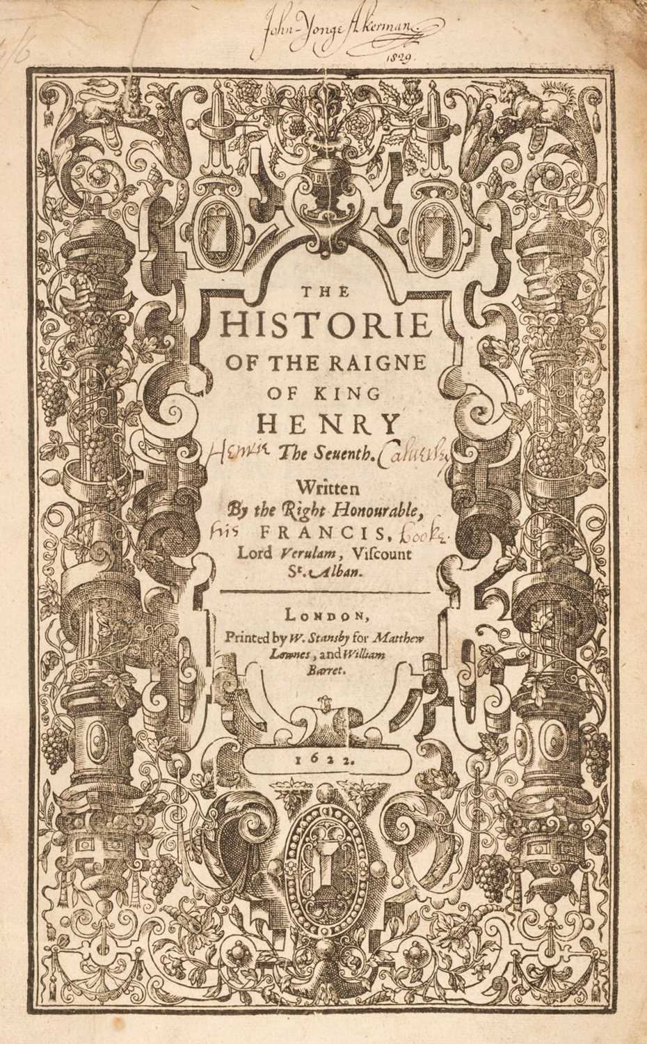 Lot 208 - Bacon (Francis). The Historie of the Raigne of King Henry the Seventh, 1622