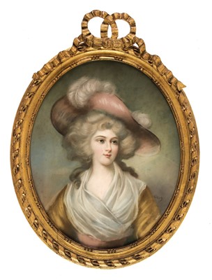 Lot 28 - English School. Oval half-length portrait of a young woman in Regency dress, later 19th century