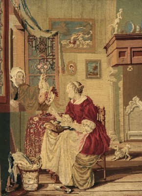 Lot 669 - Needlework picture. A Continental genre scene, mid 19th century