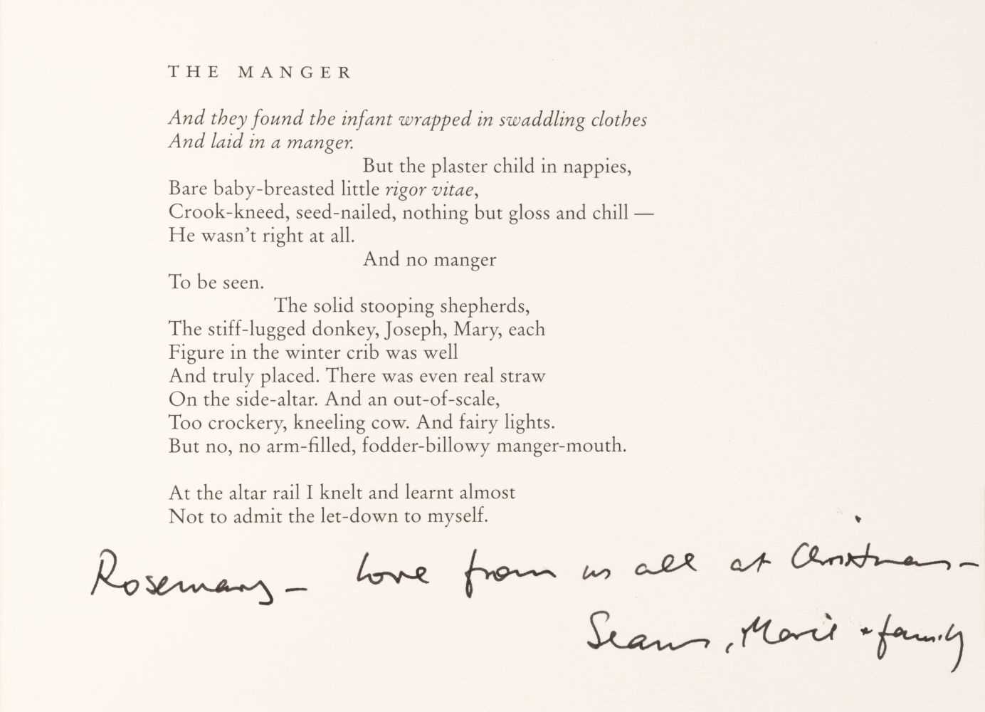 Lot 924 - Heaney (Seamus, 1939-2013). Christmas card, privately published for the author by Peter Fallon