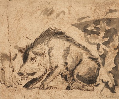 Lot 90 - Attributed to Abraham Hondius (1625-1691). Wild Boars, circa 1672, pen and ink and wash