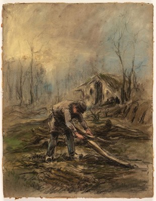 Lot 190 - Follower of J. F. Millet (1814-1875). A Woodcutter preparing faggots, circa 1875, pastel on laid paper, signed