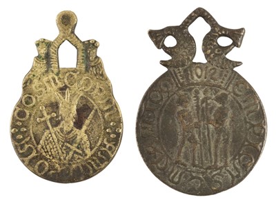 Lot 455 - Shadwell Forgeries. Two Victorian patinated brass pendants in the medieval style