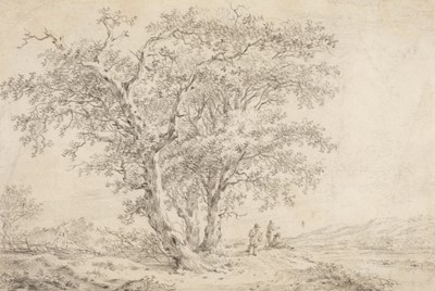 Lot 86 - Hermanus Van Brussel (1753-1815). Landscape with trees and travellers by a river, circa 1780-90