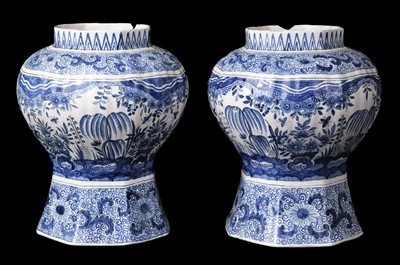Lot 428 - Vases. A pair of Dutch blue and white delft vases each bearing the monogram APK (Pieter Adriaensz, active 1701-1722)