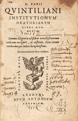 Lot 337 - Quintiliani (M. Fabii). Institutionum Oratoriarum Libri Duodecim, Lyon: Antonio Gryphium, 1575