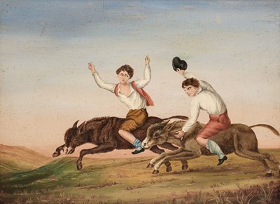 Lot 126 - Irish Naive School. Donkey Racing, oil on board