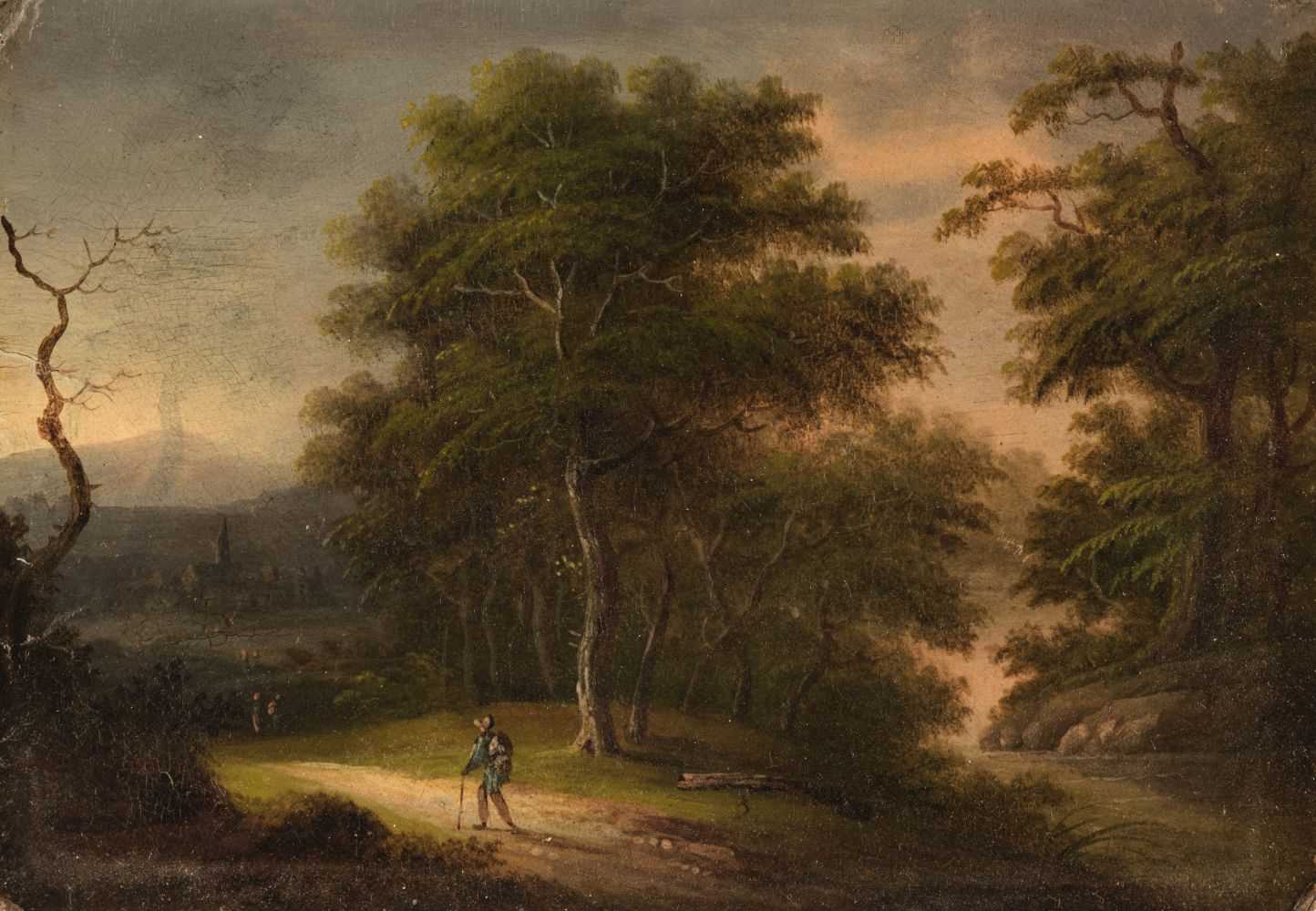 Lot 62 - Manner of James Arthur O'Connor (1792-1841). Traveller in a wooded landscape at dusk