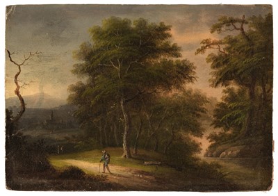 Lot 62 - Manner of James Arthur O'Connor (1792-1841). Traveller in a wooded landscape at dusk