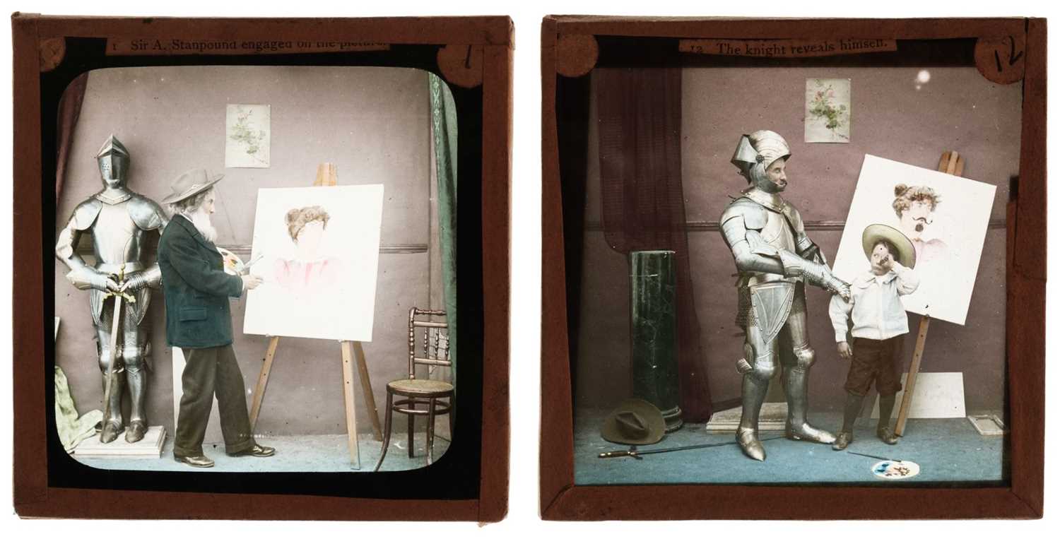 Lot 53 - Magic Lantern Slides. A complete set of 12 hand-coloured diapositive magic lantern slides