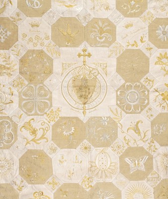 Lot 676 - Patchwork. A finely embroidered patchwork panel, Lincoln, 1895