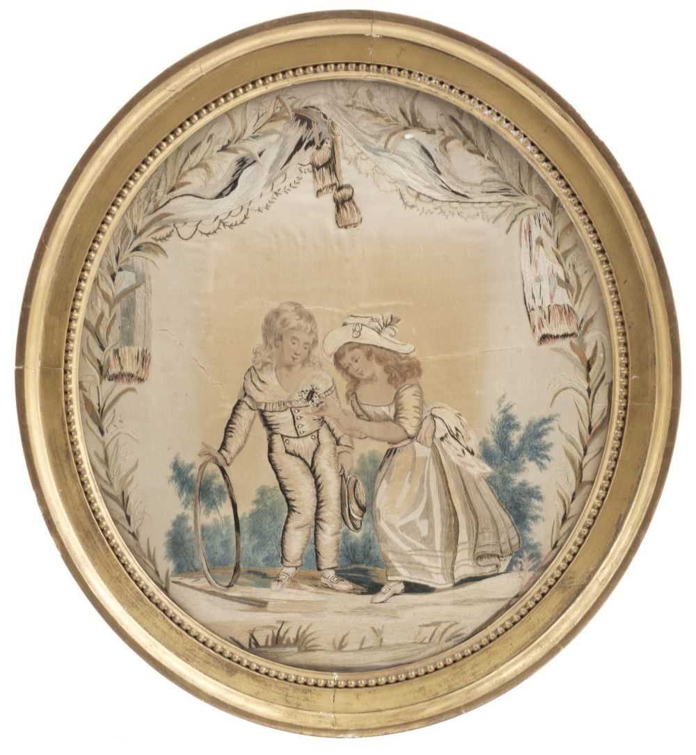 Lot 647 - Embroidered picture. An oval embroidered picture of children, circa 1800