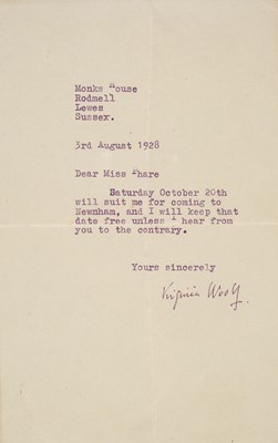 Lot 832 - Woolf (Virginia, 1882-1941). Typed Letter Signed, ‘Virginia Woolf’