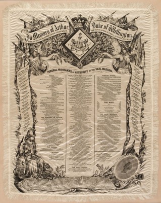 Lot 322 - Wellington (Arthur Wellesley, 1st Duke of). Commemorative funeral programme printed on silk, [1852]