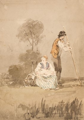 Lot 150 - Pocock (Nicholas, 1740-1821). Rustic couple and baby resting on a heath, watercolour