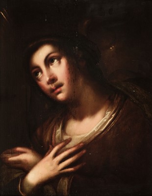 Lot 64 - Manner of Carlo Dolci (1616-1686). Virgin Mary in Prayer, oil on wood panel